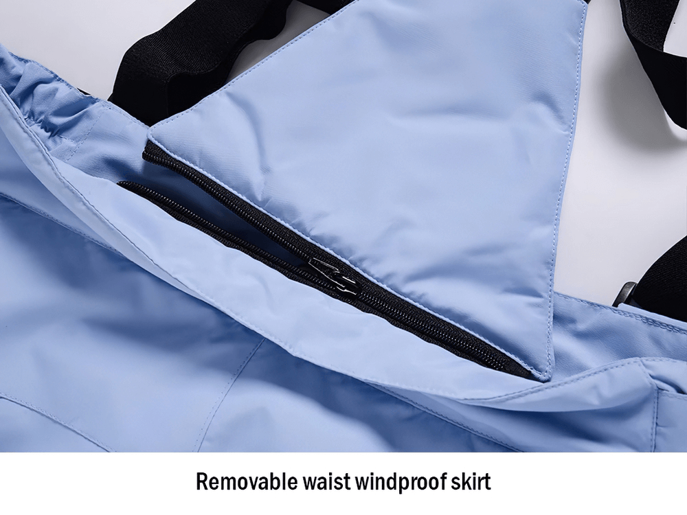 Close-up of a removable waist windproof skirt on a blue ski jacket.